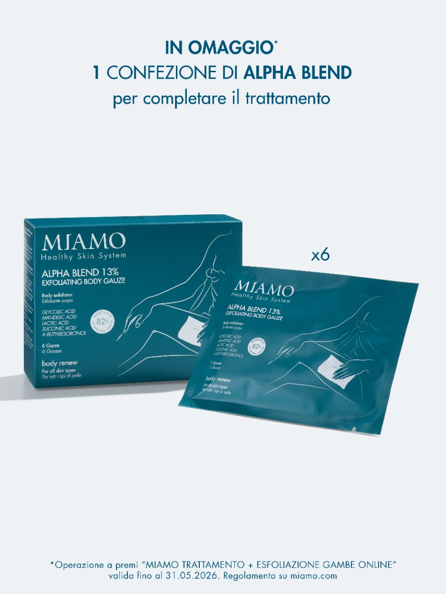Scatola di ALPHA BLEND 13% con a fianco una bustina inclinata che si appoggia sul prodotto. Lo sfondo è bianco