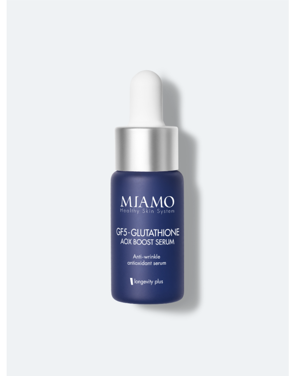 Flacone da 10 ml del siero GF5-Glutathione chiuso dal colore blu con tappo bianco a forma di pipetta su sfondo grigio