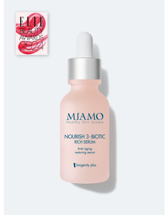 Flacone da 30 ml chiuso dal colore rosa antico del Siero idratante NOURISH 3-BIOTIC RICH SERUM su sfondo grigio