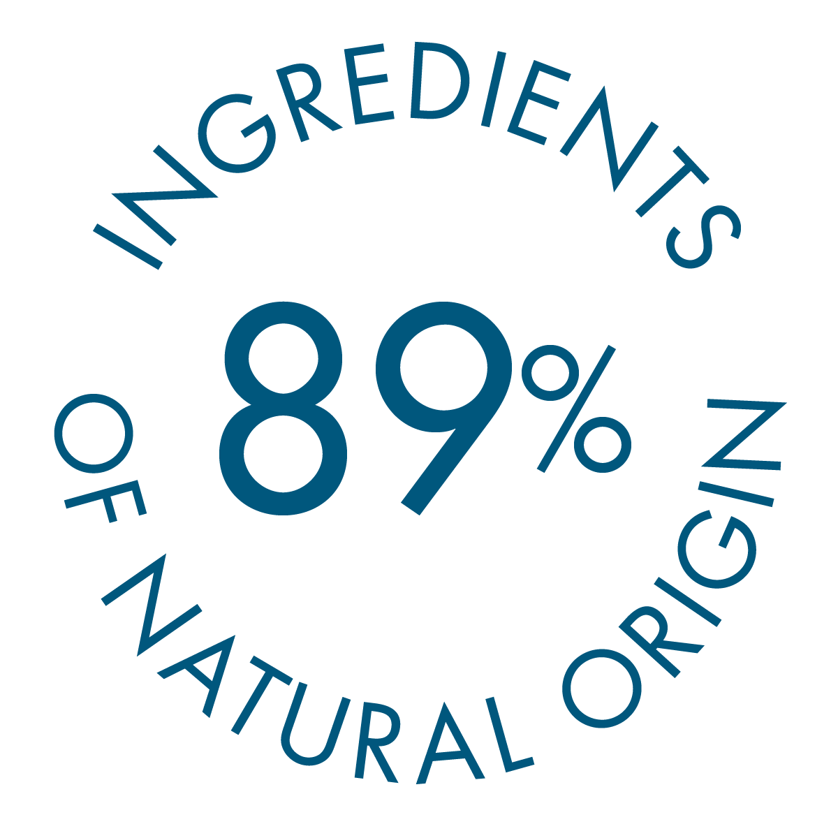 Logo 89% naturally derived ingredients, blue and white